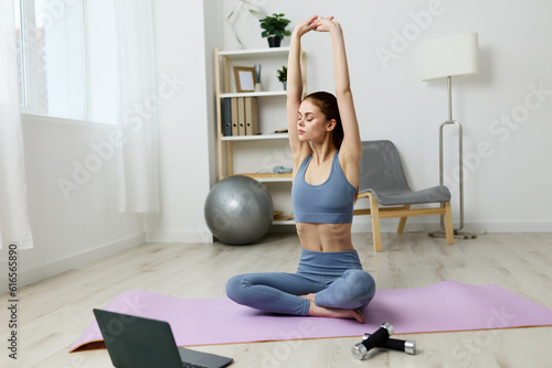 mat woman laptop home video training yoga lifestyle lotus health care