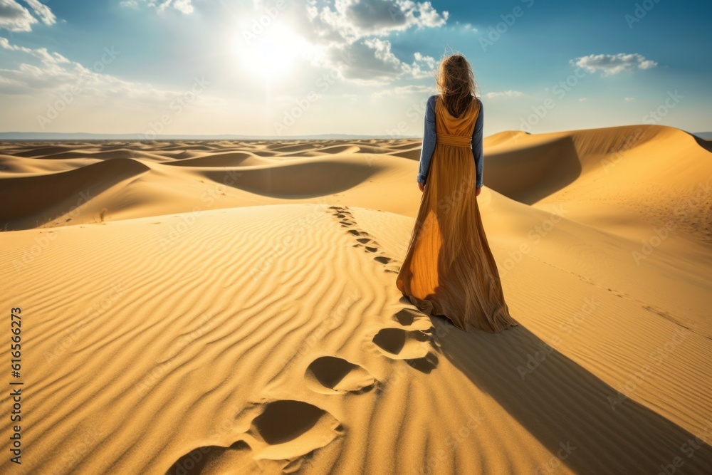 Woman in the desert. Background with selective focus and copy space. AI generated, human enhanced