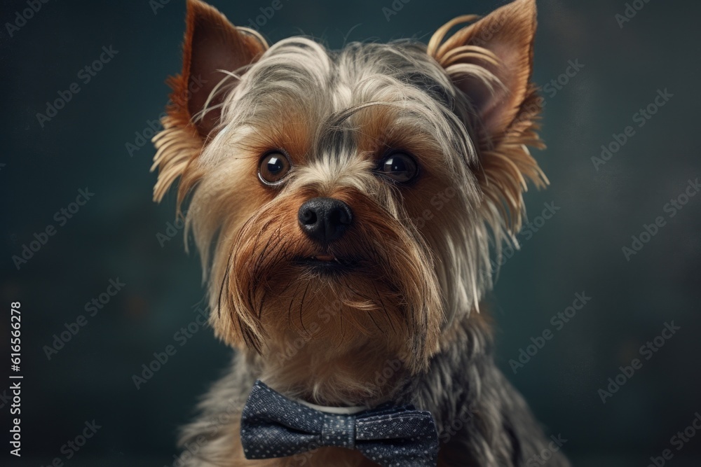 Anthropomorphic Yorkshire terrier dog dressed in a suit like a businessman. Business Concept. AI generated - obrazy, fototapety, plakaty 