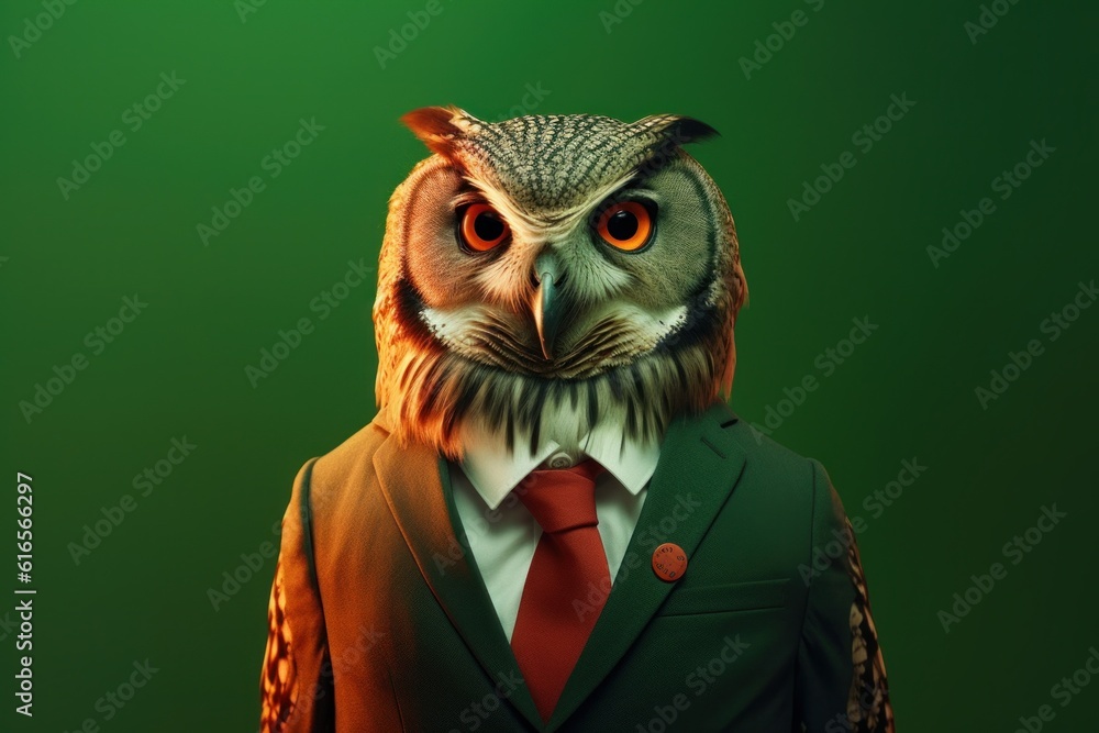 Anthropomorphic owl dressed in a suit like a businessman. Business Concept. AI generated, human enhanced Anthropomorphic owl dressed in a suit like a businessman. Business Concept. AI generated, human enhanced