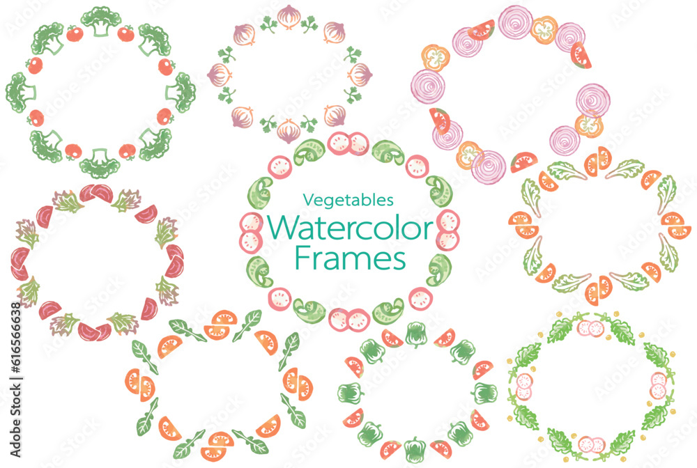 おしゃれな野菜の水彩風イラスト。丸フレームのセット。ベクター素材だからデザインに使いやすい。 おしゃれな野菜の水彩風イラスト。丸フレームのセット。ベクター素材だからデザインに使いやすい。