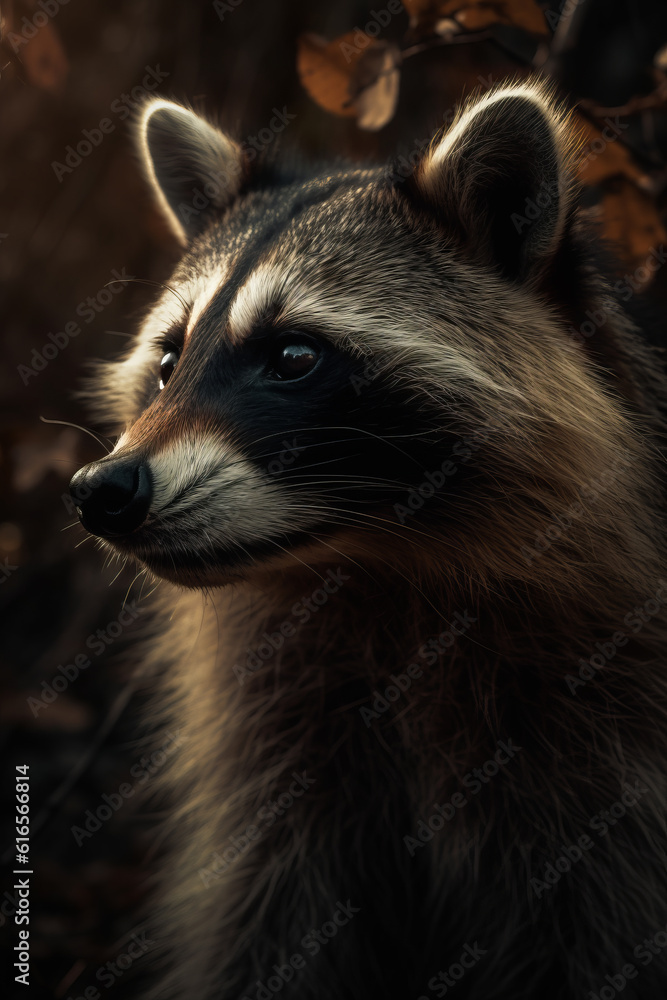Portrait of Raccoon Dramatic and Cinematic Lighting Photography, Generative AI