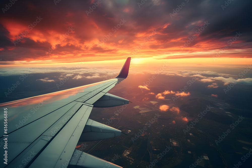 Obraz premium Golden Hour Flight: View from Airplane Wings - Generative AI