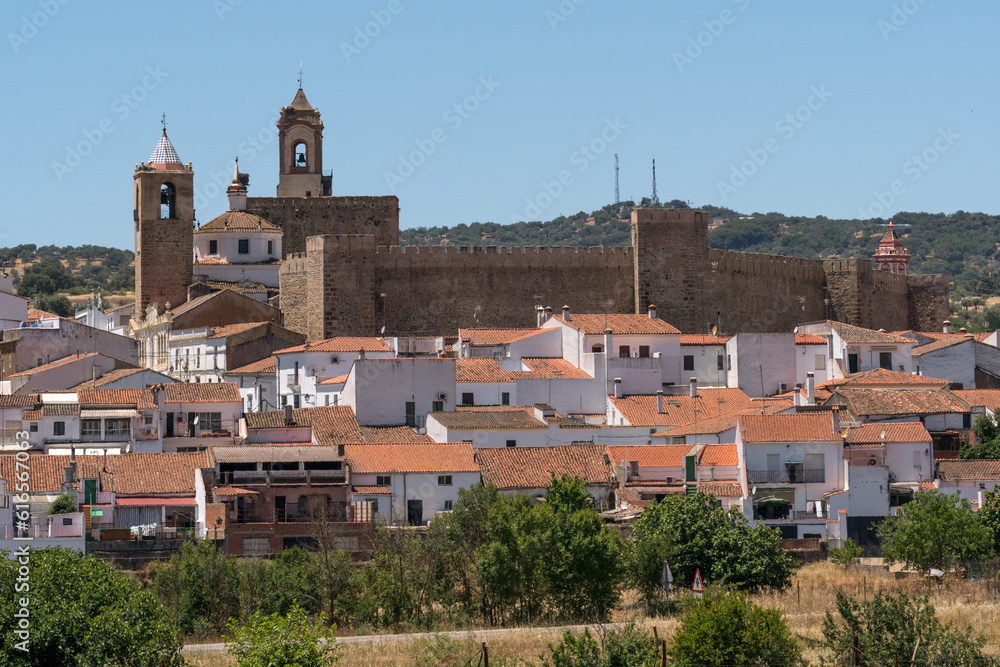 Panoramic view of the beautiful village of Fregenal de la Sierra with its templar castle and church. HUelva, Andalicia, Spain.