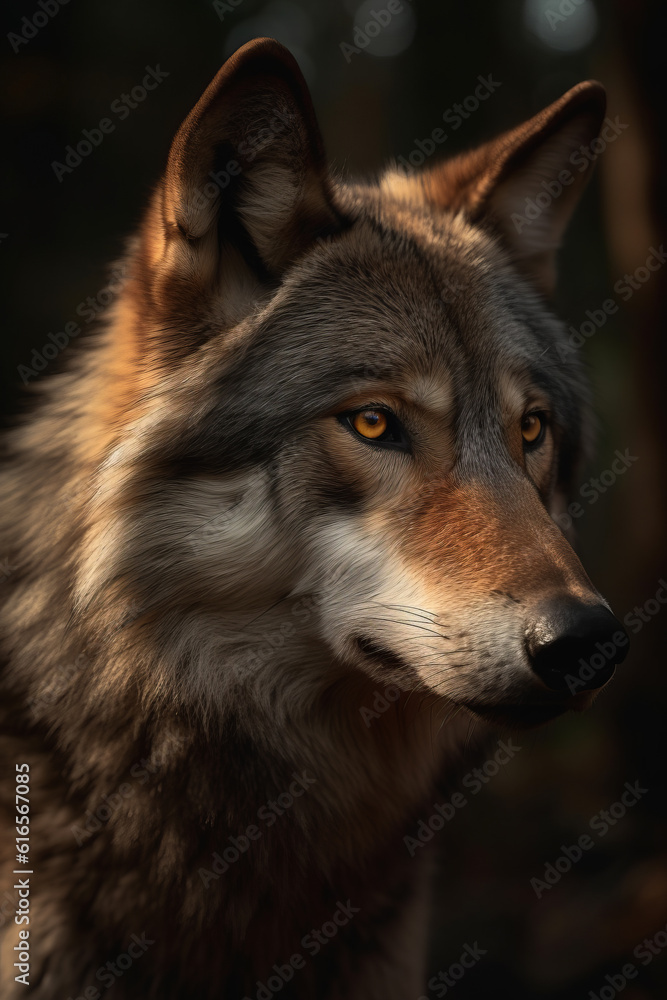 Portrait of Wolf Dramatic and Cinematic Lighting Photography, Generative AI Portrait of Wolf Dramatic and Cinematic Lighting Photography, Generative AI
