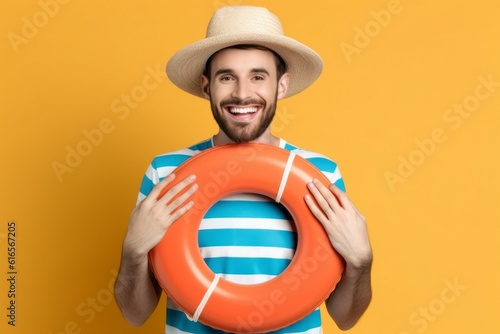A man with an inflatable life buoy. Summer resort holiday concept. Background with selective focus. AI generated