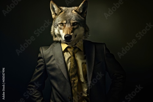 Portrait of a wolf dressed in a formal business suit. Generative AI