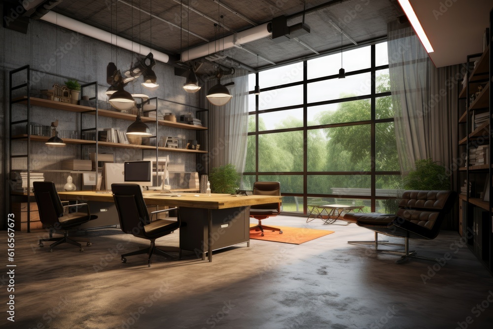 Realistic Industrial style home office with large windows and bookcase. generative AI. Realistic Industrial style home office with large windows and bookcase. generative AI.