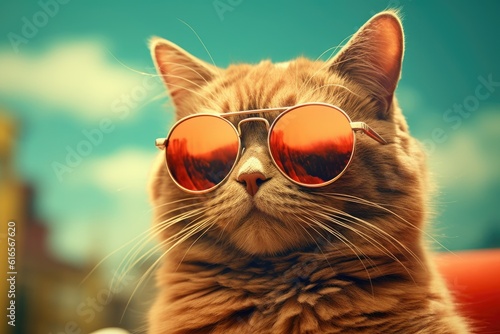 cat wearing sunglasses on a solid color background, vector art, digital art, faceted, minimal, abstract. Generative AI. © andrenascimento