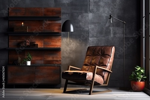 Armchair design idea for office building floor lamp, in the style of vintage cinematic look, atmospheric and moody lighting, industrial landscapes.. Generative AI.