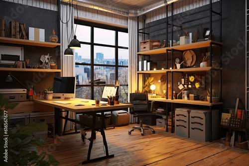 Realistic Industrial style home office with large windows and bookcase. generative AI.