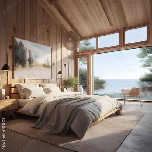 nterior of modern bedroom with sea view, wooden floor, 3d render. AI generated © Varaporn