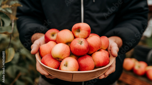 Man holding basket of apples in his hands