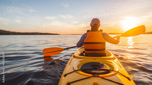 Woman kayaking on a lake at sunset