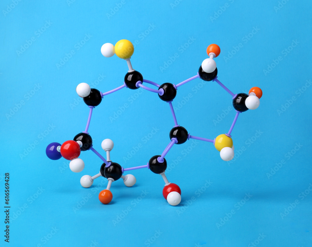 Obraz premium Structure of molecule on light blue background. Chemical model