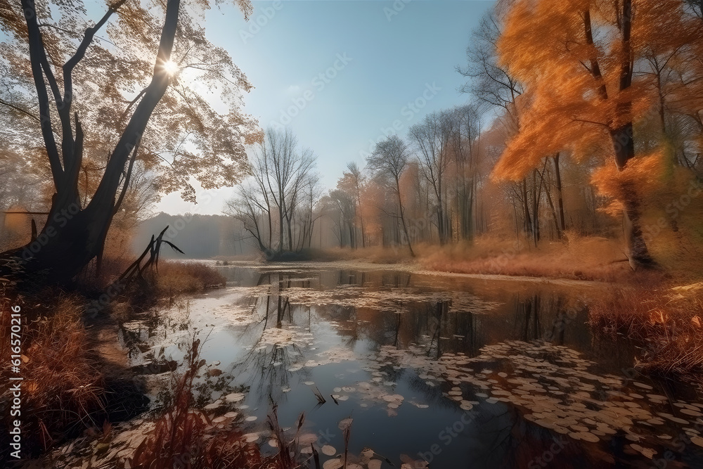 Beautiful fall landscape with orange and yellow trees, Generative AI
