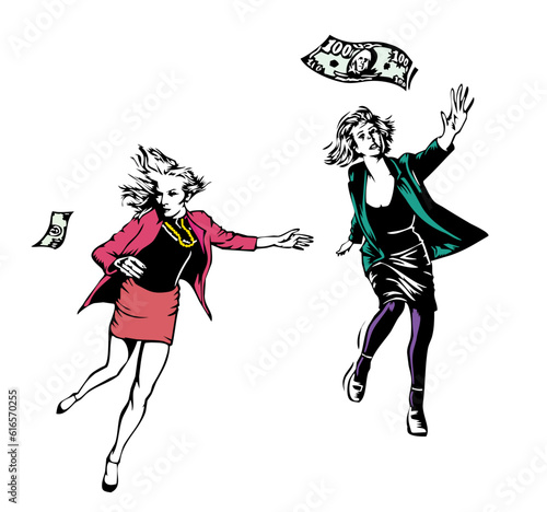 fashionably dressed modern women chasing flying American money