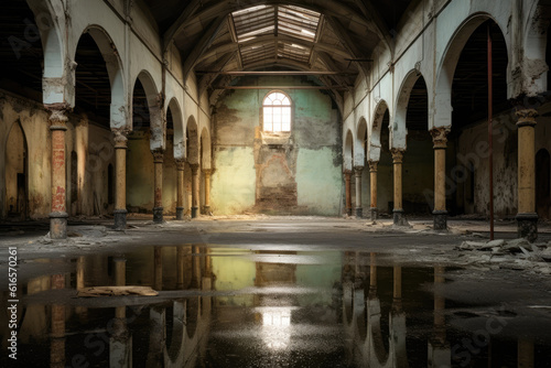 An abandoned building with puddles in the center of a very dark room