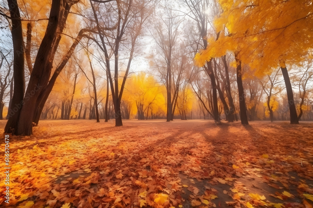 Fototapeta premium Beautiful fall landscape at park with orange and yellow trees, Generative AI