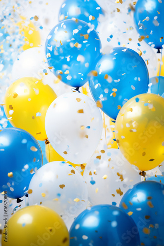 fliegende blaue, gelbe und weiße Party Ballons mit Konfetti. Generative Ai.