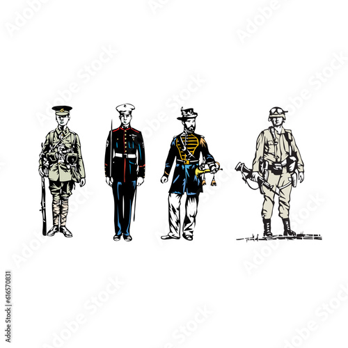 soldiers: world war 1 British, modern U. S. Marine in dress uniform, U. S. civil war Union bugler, modern U. S. soldier in combat gear vector illustration