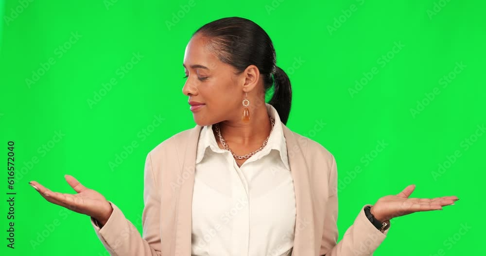 Woman, presentation and balance choice, green screen and thinking of business opportunity with decision on studio background. Comparison scale, doubt and mockup space with face of female professional Woman, presentation and balance choice, green screen and thinking of business opportunity with decision on studio background. Comparison scale, doubt and mockup space with face of female professional