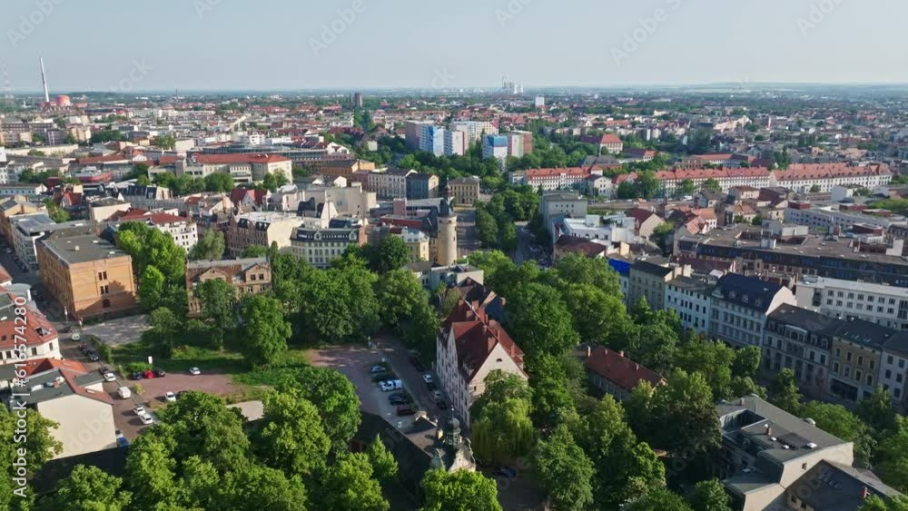 Drone shot of Leipzig Tower (Leipziger Turm) , Halle (Saale) , Germany Drone shot of Leipzig Tower (Leipziger Turm) , Halle (Saale) , Germany