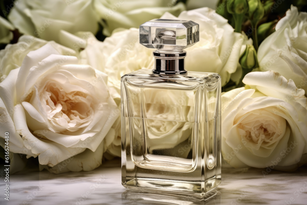 bottle of perfume on a background of white roses. ai generative bottle of perfume on a background of white roses. ai generative