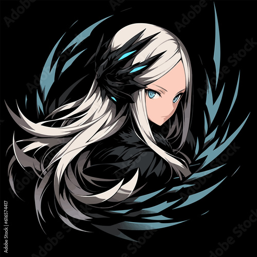 Sketch of a portrait of a woman in anime style. Stylish abstract portrait. Created for t shirt design. Abstract lines on background. Anime style game avatar. Isolated on back background.