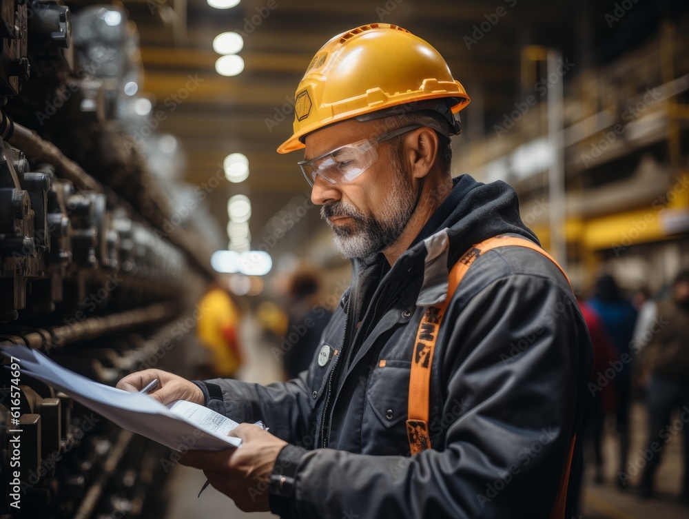 Illustration of a construction worker examining a blueprint with safety gear on created with Generative AI technology Illustration of a construction worker examining a blueprint with safety gear on created with Generative AI technology