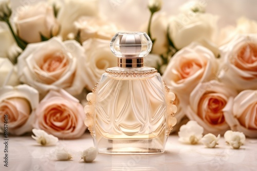 bottle of perfume on a background of white roses. ai generative