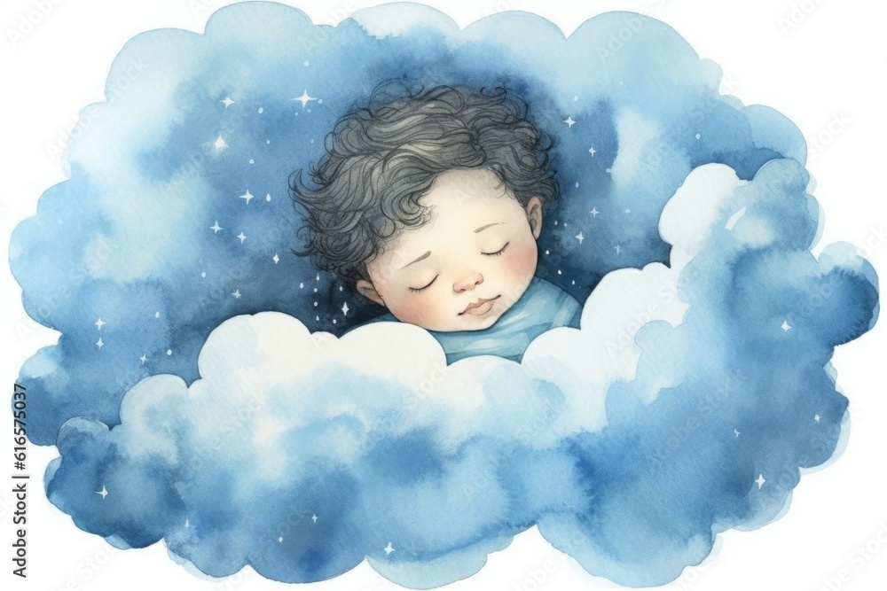 illustration of a small child sleeping on a cloud. AI generated illustration of a small child sleeping on a cloud. AI generated