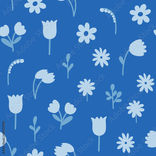 Simple blue flowers seamless pattern. Hand drawn cute floral allover illustration. Wild flowers on blue background