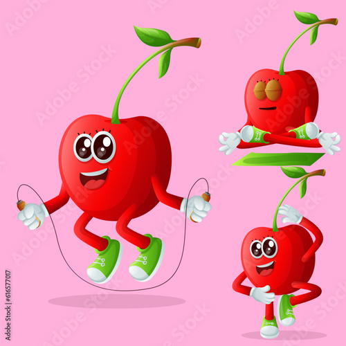 Cute cherry characters exercising