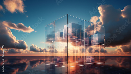 cloud in glass cube cloudscape, digital metaverse infrastructure. Generative AI