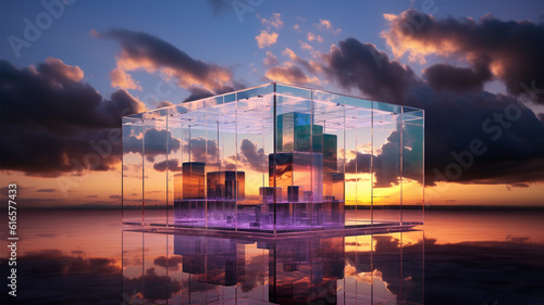 cloud in glass cube cloudscape, digital metaverse infrastructure. Generative AI photo