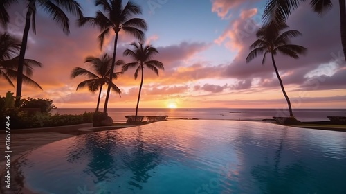 Tropical paradise: Sunset over infinity pool, beachfront bliss © Halim Karya Art