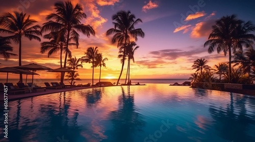 Serenity by the shore: Sunset, infinity pool, tropical paradise © Halim Karya Art