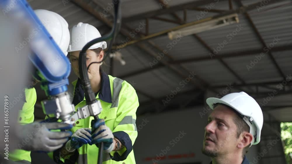 Engineer work at robotic arm factory. Engineer work at robotic arm factory.