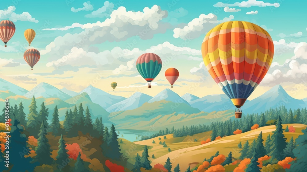 Colorful hot air balloons floating over a scenic landscape background. Created with Generative AI technology - obrazy, fototapety, plakaty 