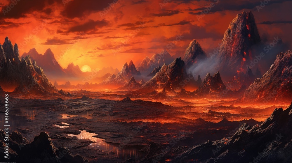 Fiery landscape with volcanic eruptions and lava rivers background. Created with Generative AI technology