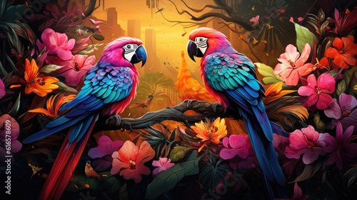 Colorful tropical jungle with exotic birds and flowers background. Created with Generative AI technology