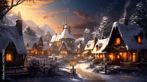 Cozy snow covered village with twinkling lights background. Created with Generative AI technology