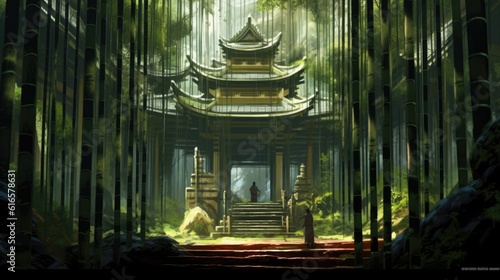 Dense bamboo forest with a hidden shrine background. Created with Generative AI technology