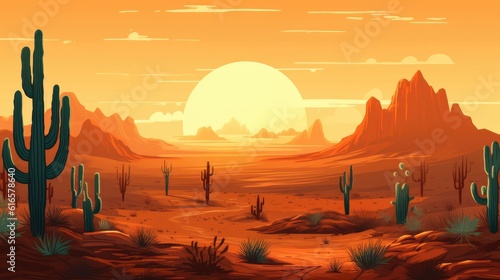 Desert landscape with sand dunes and cacti background. Created with Generative AI technology