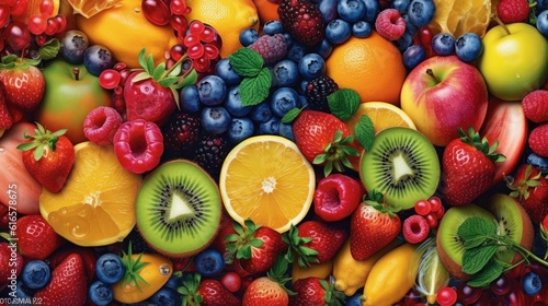 Fruity rainbow of colorful fruits and berries. Created with Generative AI technology