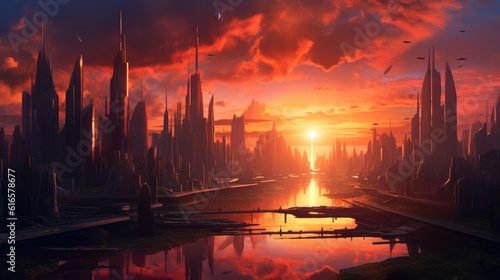 Futuristic city skyline at sunset background. Created with Generative AI technology