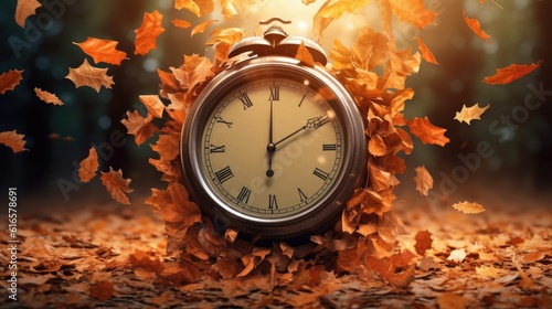 Leaves falling from a tree forming a clock face. Created with Generative AI technology photo