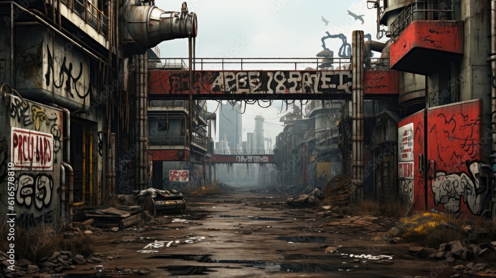 Post apocalyptic urban wasteland with graffiti covered walls background. Created with Generative AI technology
