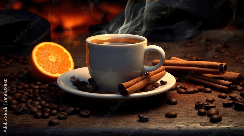 Romatic coffee with cinnamon and orange peel. Created with Generative AI technology